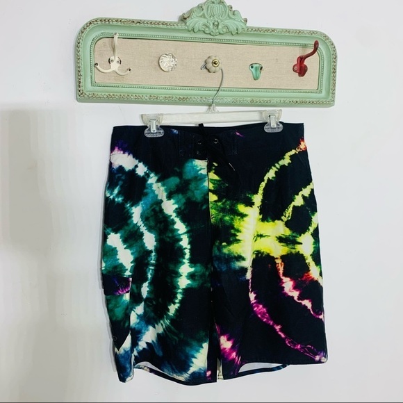 Hang 10 unlined board shorts swim trunks ultra beam light tie-dye neon 34 - Picture 1 of 6